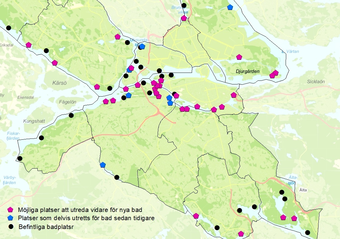 Karta med platser lämpliga att utreda vidare för nya bad